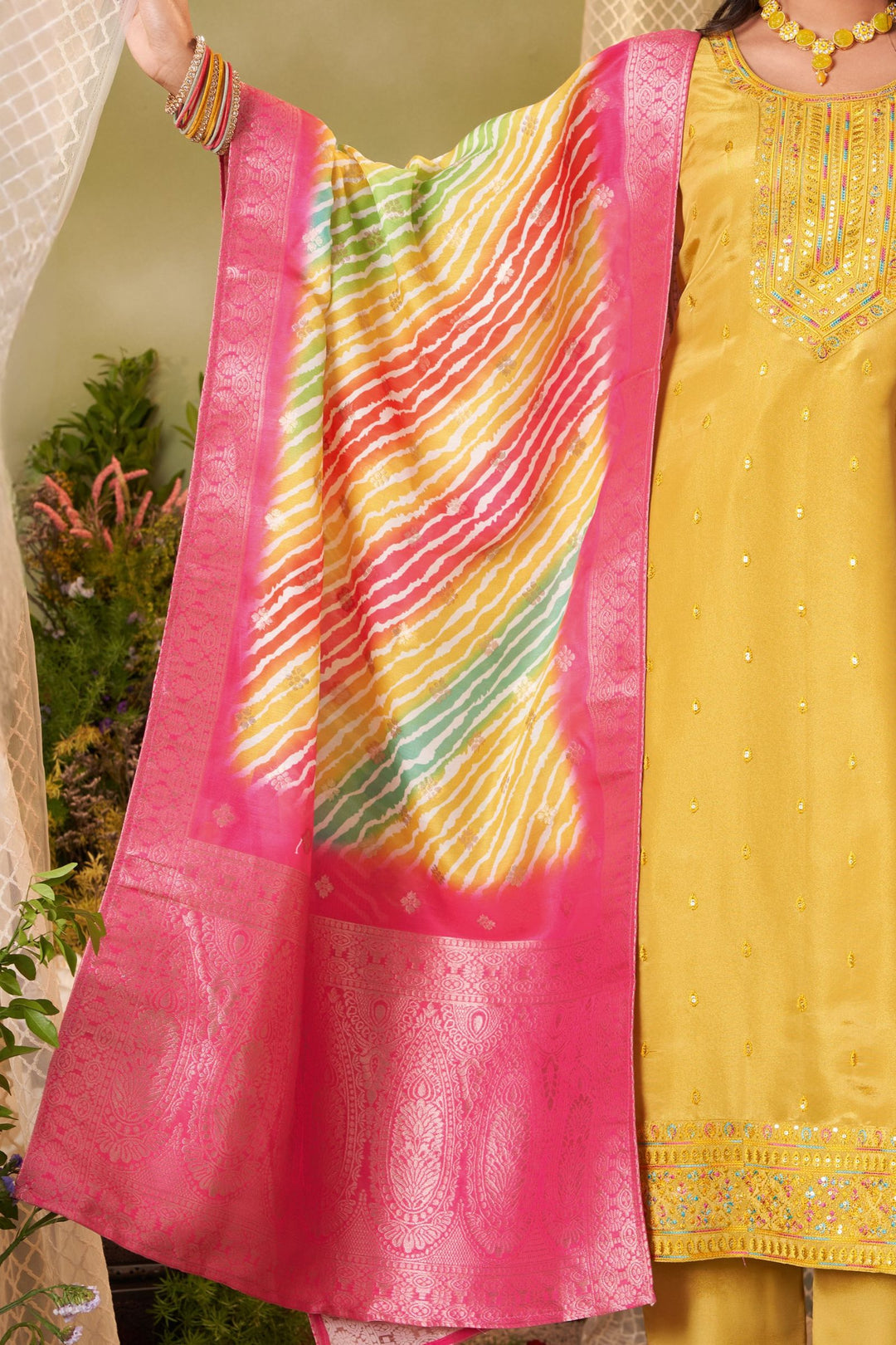 Yellow Sequins, Banaras Zari and Multicolor Thread work Straight Cut Salwar Suit