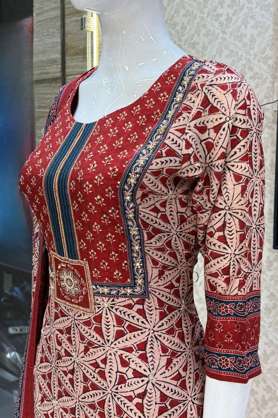 Maroon with Beige Sequins and Beads work with Ajrakh Print Straight Cut Salwar Suit