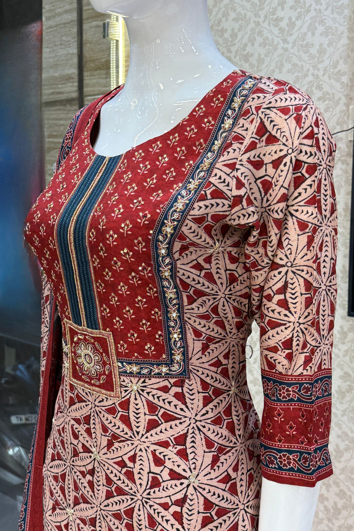Maroon with Beige Sequins and Beads work with Ajrakh Print Straight Cut Salwar Suit