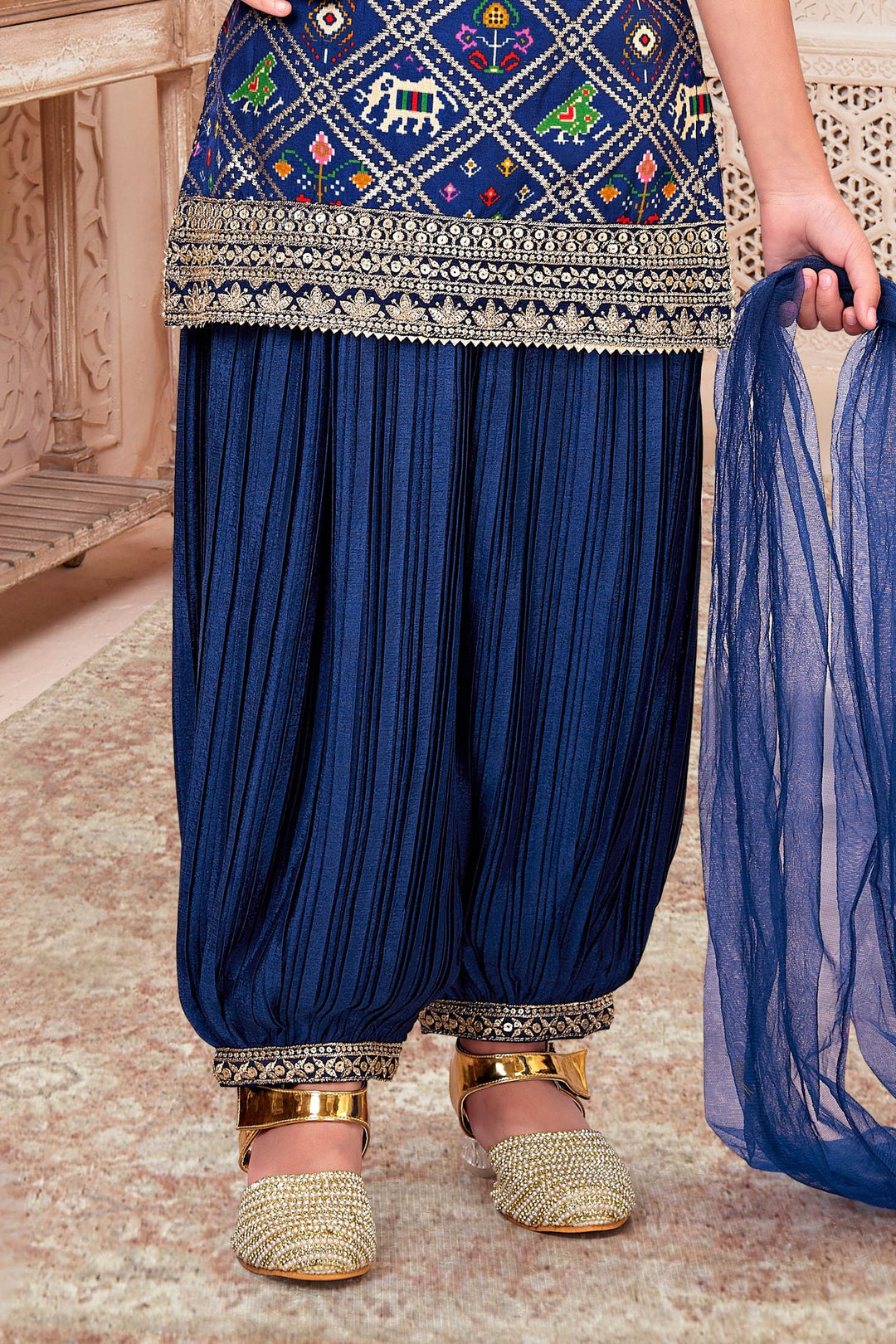 Navy Blue Sequins and Zari work with Patola Print Top and Afghani Set for Girls
