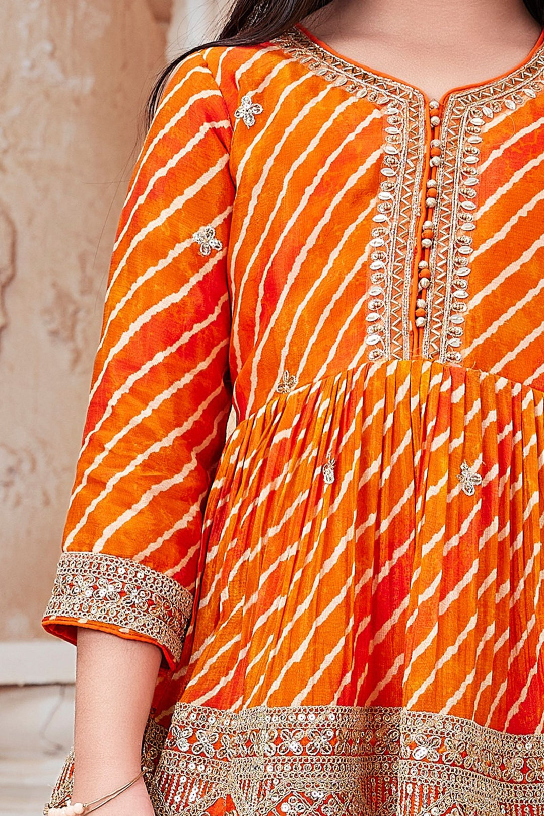 Orange Sequins, Zari and Beads work Peplum Top and Sharara Set for Girls