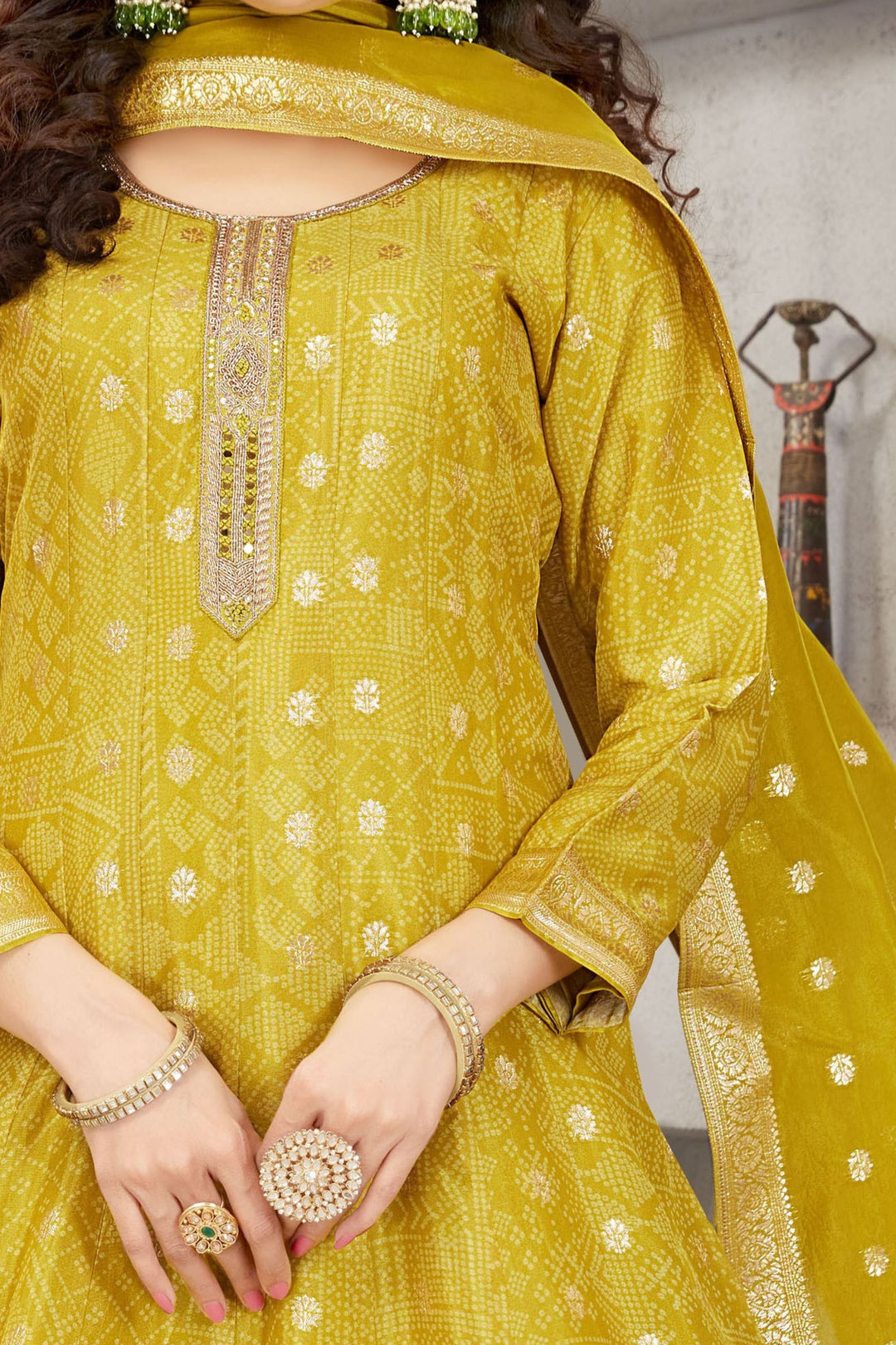 Liril Green Banaras, Zardozi and Mirror work with Bandini Print Anarkali Style Salwar