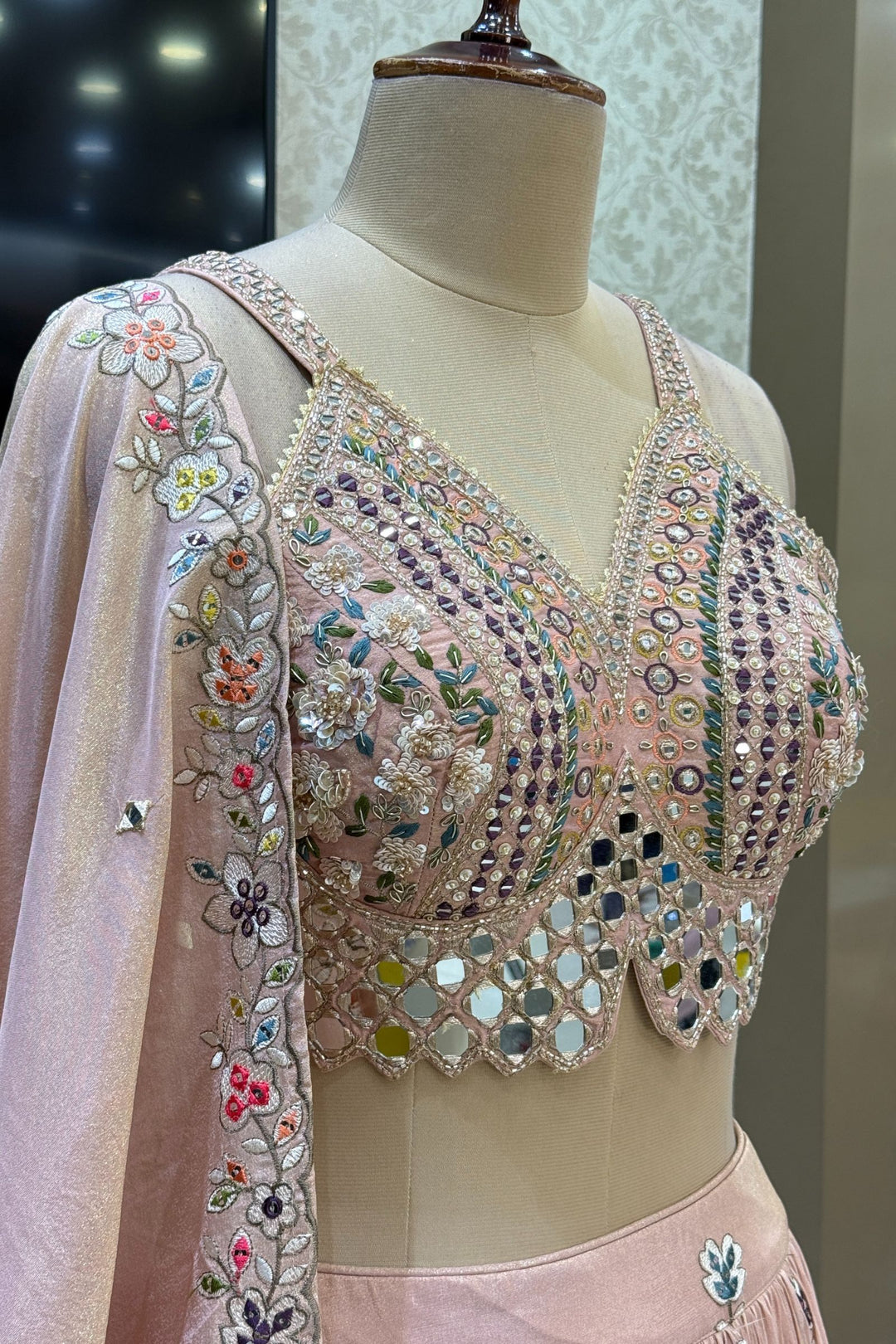 Light Peach Mirror, Sequins, Embroidery, Zardozi and Beads work Crop Top Lehenga