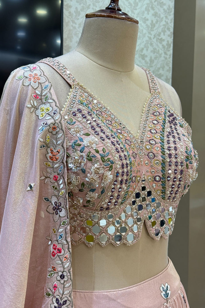 Light Peach Mirror, Sequins, Embroidery, Zardozi and Beads work Crop Top Lehenga