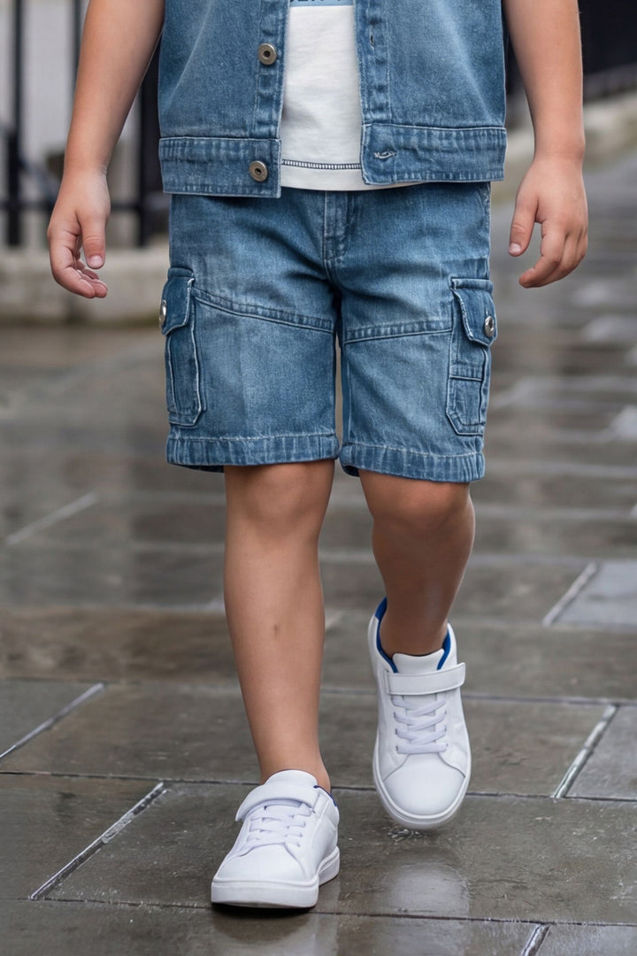 Blue Blazer, Printed T-Shirt with Shorts Set for Boys