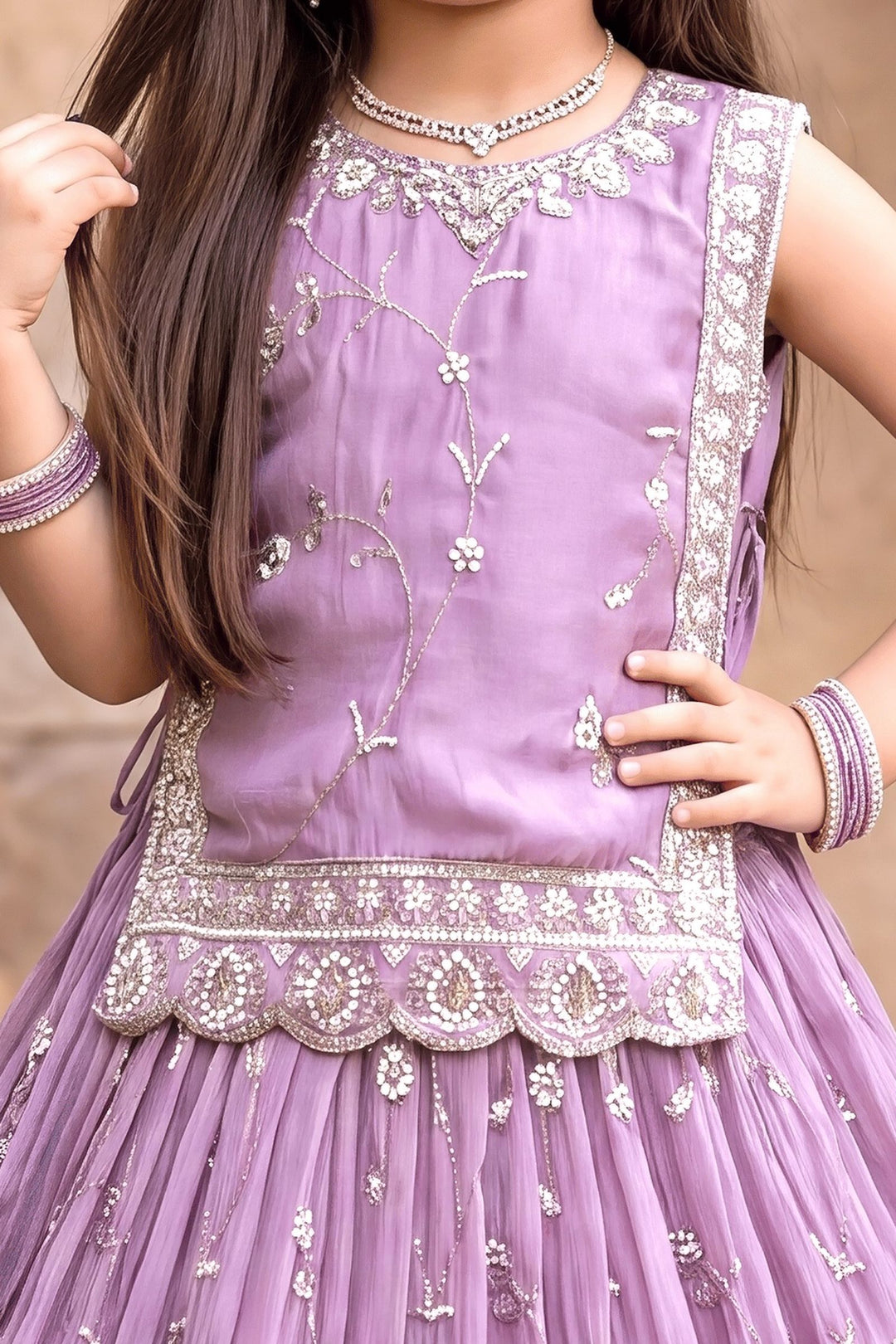 Lavender Beads, Sequins and Zari work Jacket Styled Long Party Gown for Girls