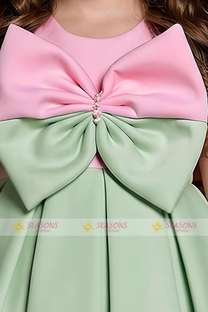 Pastel Green with Pink Bow Embellished Short Partywear Frock for Girls