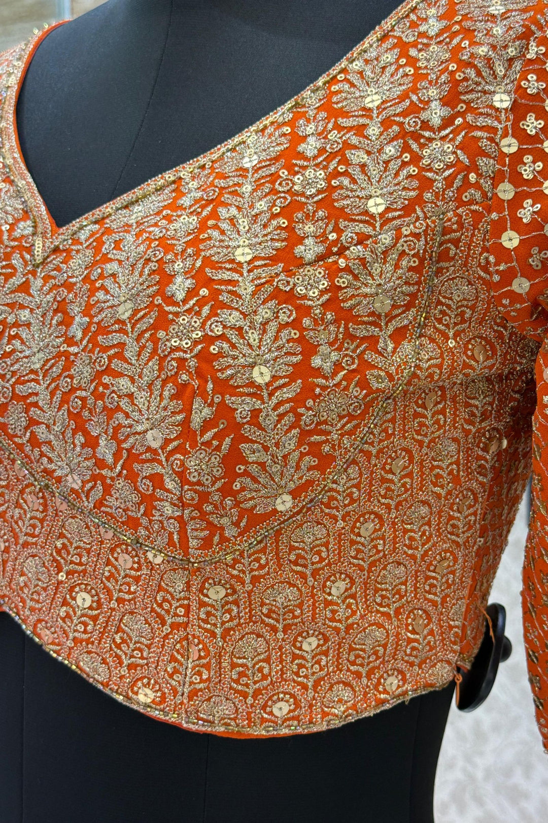 Orange Sequins and Zari work Crop Top Lehenga