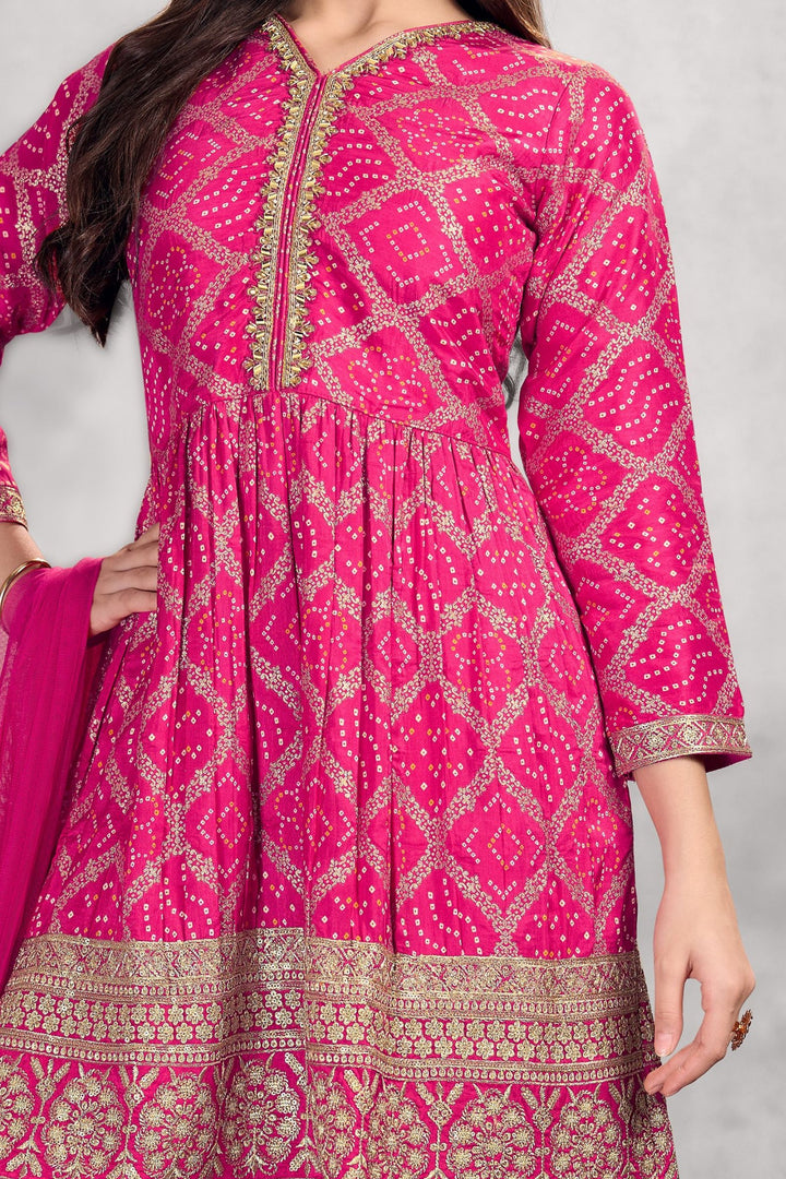 Rani Pink Sequins, Zari, Mirror and Beads work with Bandini Print Sharara Suit Set for Girls