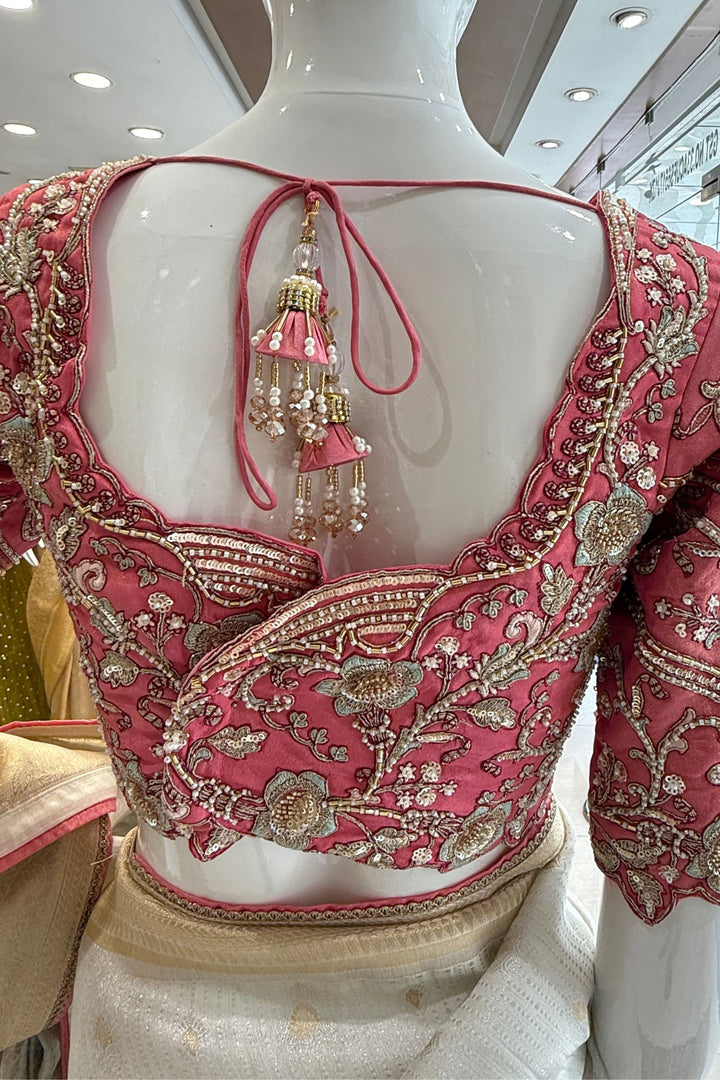 Silver Zari work Saree with Pearl, Zardozi, Beads and Sequins work Readymade Blouse