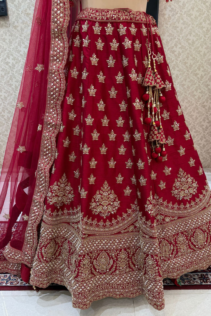 Maroon Beads, Zari, Zardozi and Sequins work Crop Top Designer Bridal Lehenga with Belt