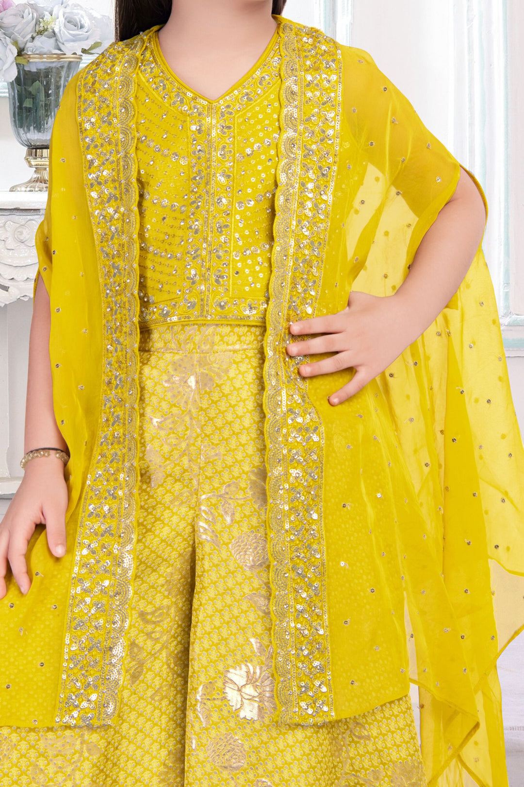 Lemon Yellow Thread, Sequins and Zari work Overcoat Styled Printed Palazzo Set For Girls