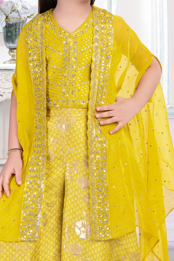 Lemon Yellow Thread, Sequins and Zari work Overcoat Styled Printed Palazzo Set For Girls