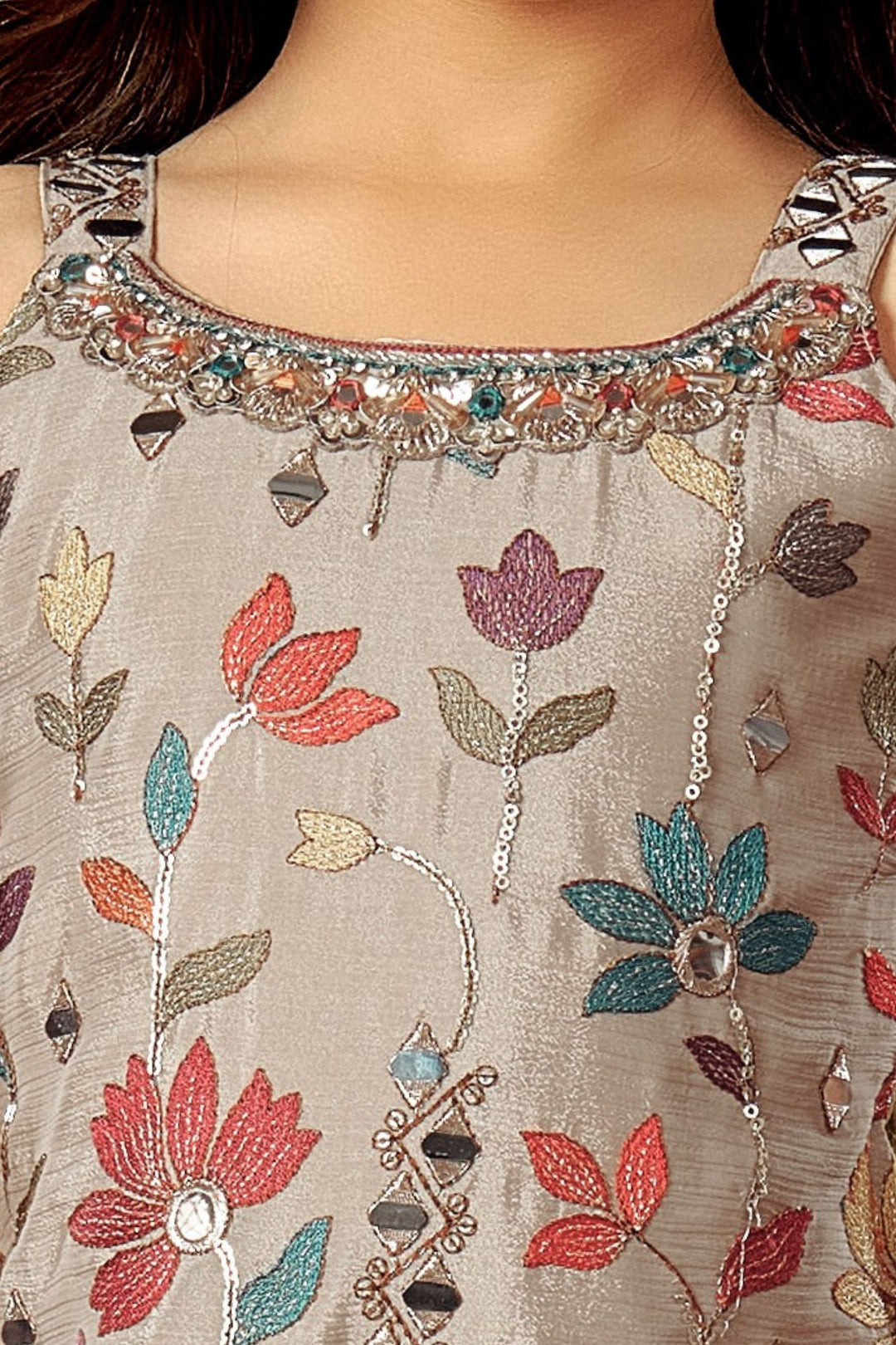 Beige Sequins, Multicolor Thread, Mirror, Beads and Zari work Sharara Suit Set for Girls
