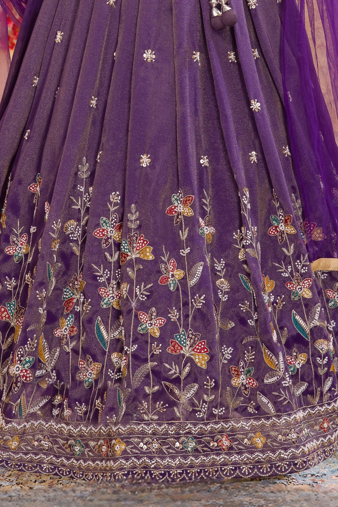 Purple Multicolor Thread, Beads, Zari and Sequins work Lehenga Choli for Girls