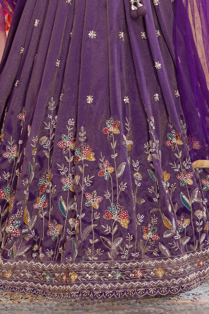 Purple Multicolor Thread, Beads, Zari and Sequins work Lehenga Choli for Girls
