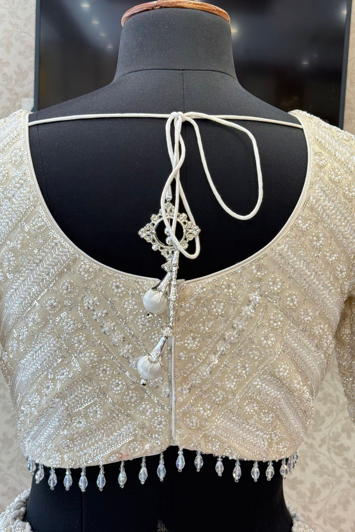 Cream Beads, Pearls and Sequins work Crop Top Designer Bridal Lehenga