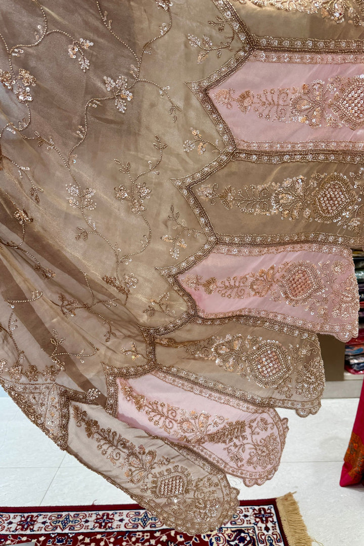 Dark Chiku Saree with Intricate Sequin &amp; Beaded Embroidery and Scalloped Border