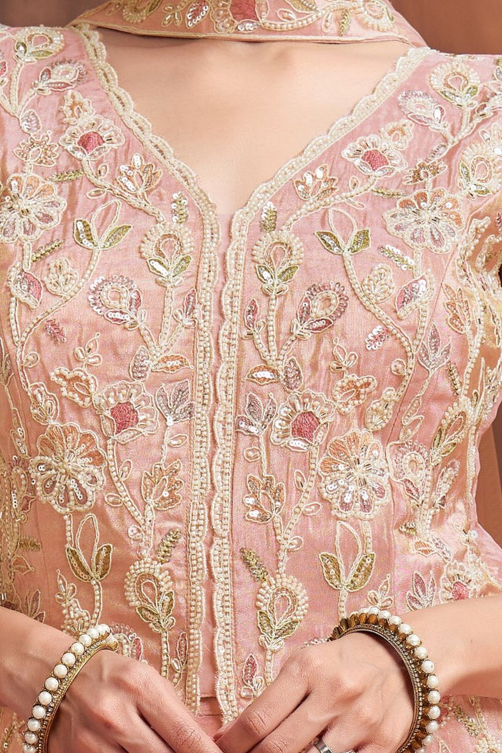 Pink Palazzo Salwar Suit with Embroidery, Beads and Sequins Detailing