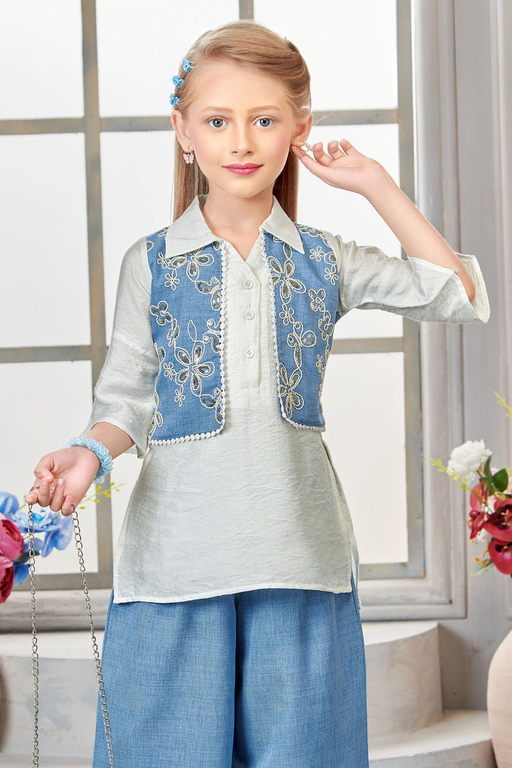 Cream with Light Blue Sequins and Thread work Palazzo Set for Girls