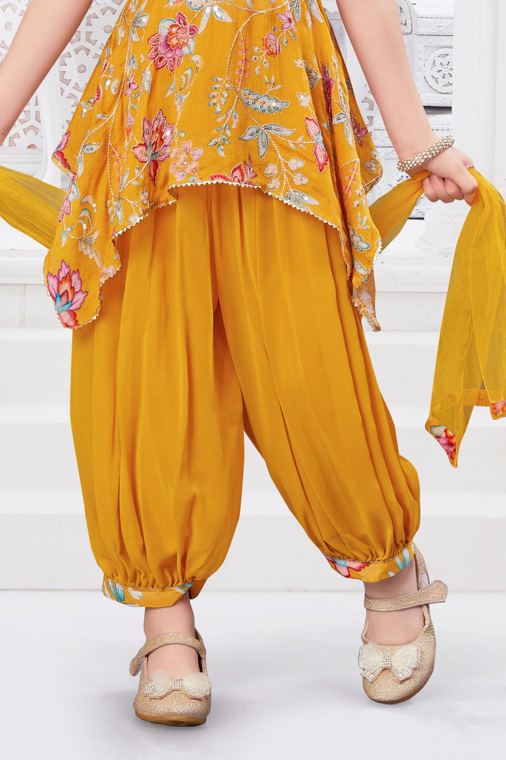 Mustard Zari, Stone, Sequins and Mirror work with Floral Print Joggers Set for Girls