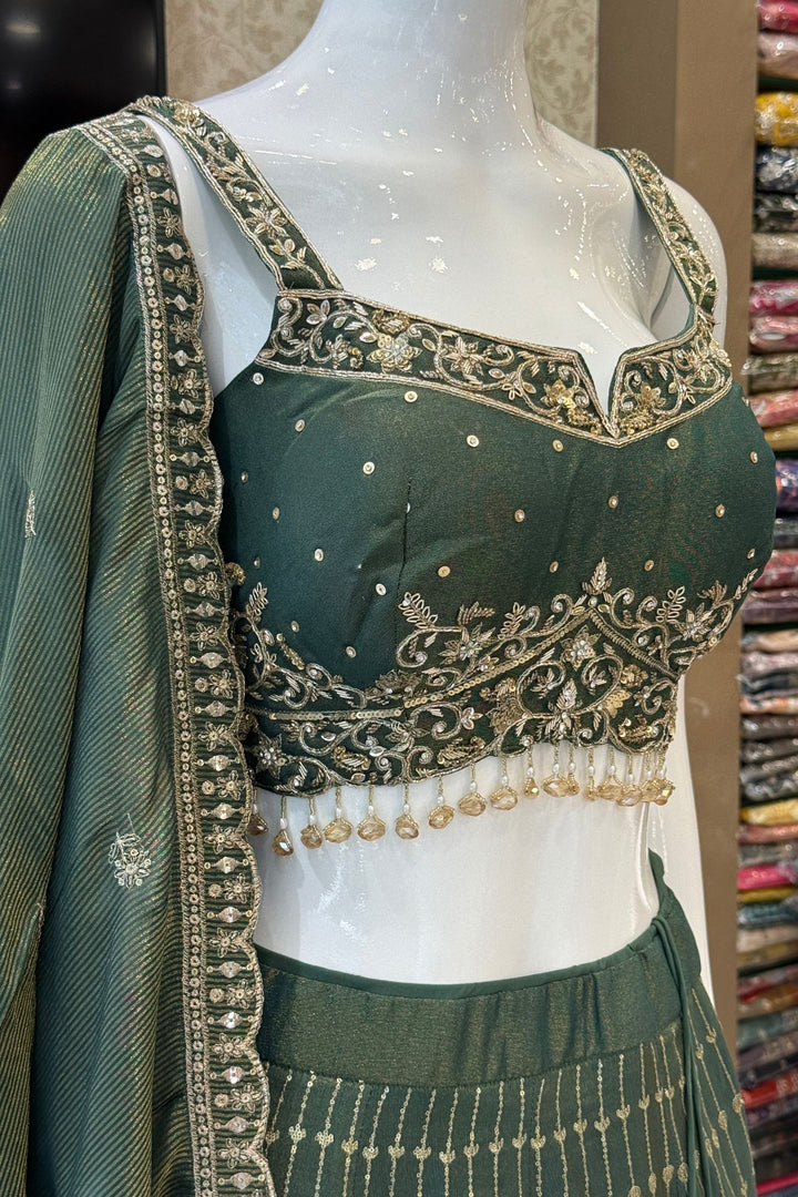 Bottle Green Zari, Zardozi, Stone, Beads and Sequins work Lehenga