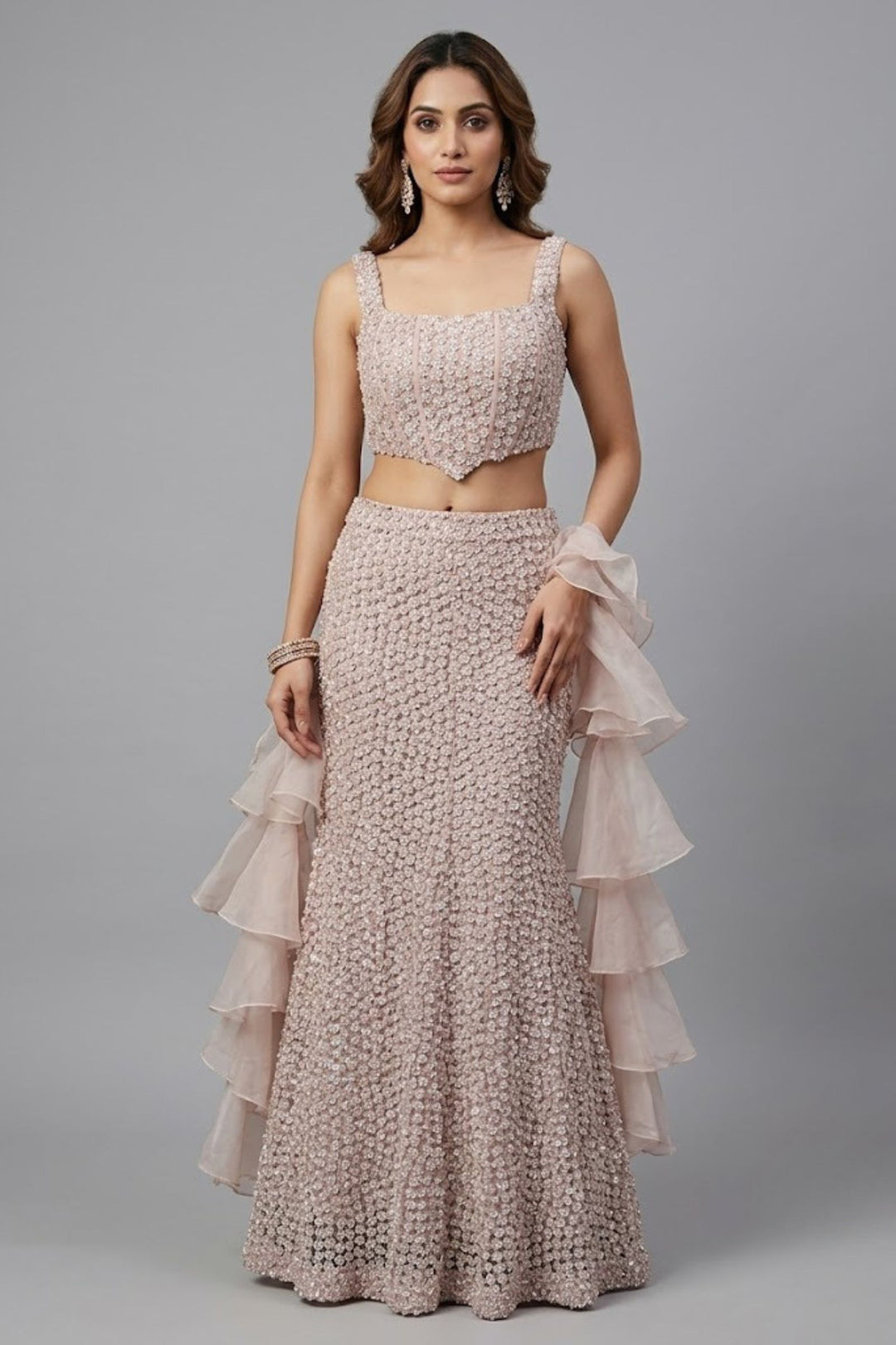 Pastel Peach Sequins and Beads work Fishcut Lehenga Set