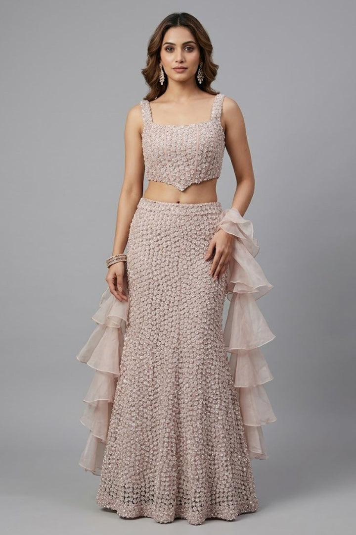 Pastel Peach Sequins and Beads work Fishcut Lehenga Set