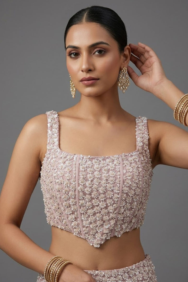 Pastel Peach Sequins and Beads work Fishcut Lehenga Set