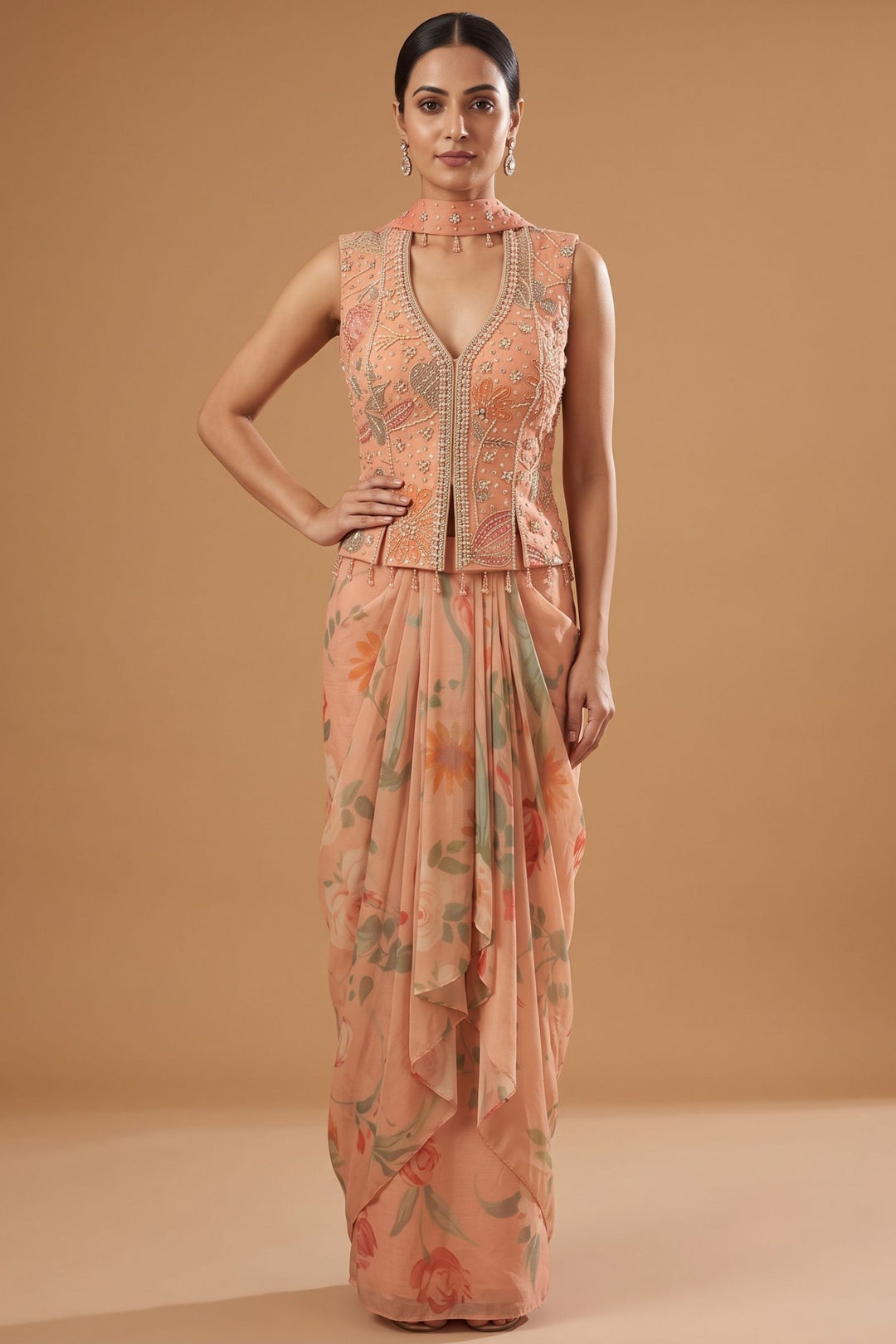 Peach Indo-Western Styled Halter Neck Top and Cowl Skirt