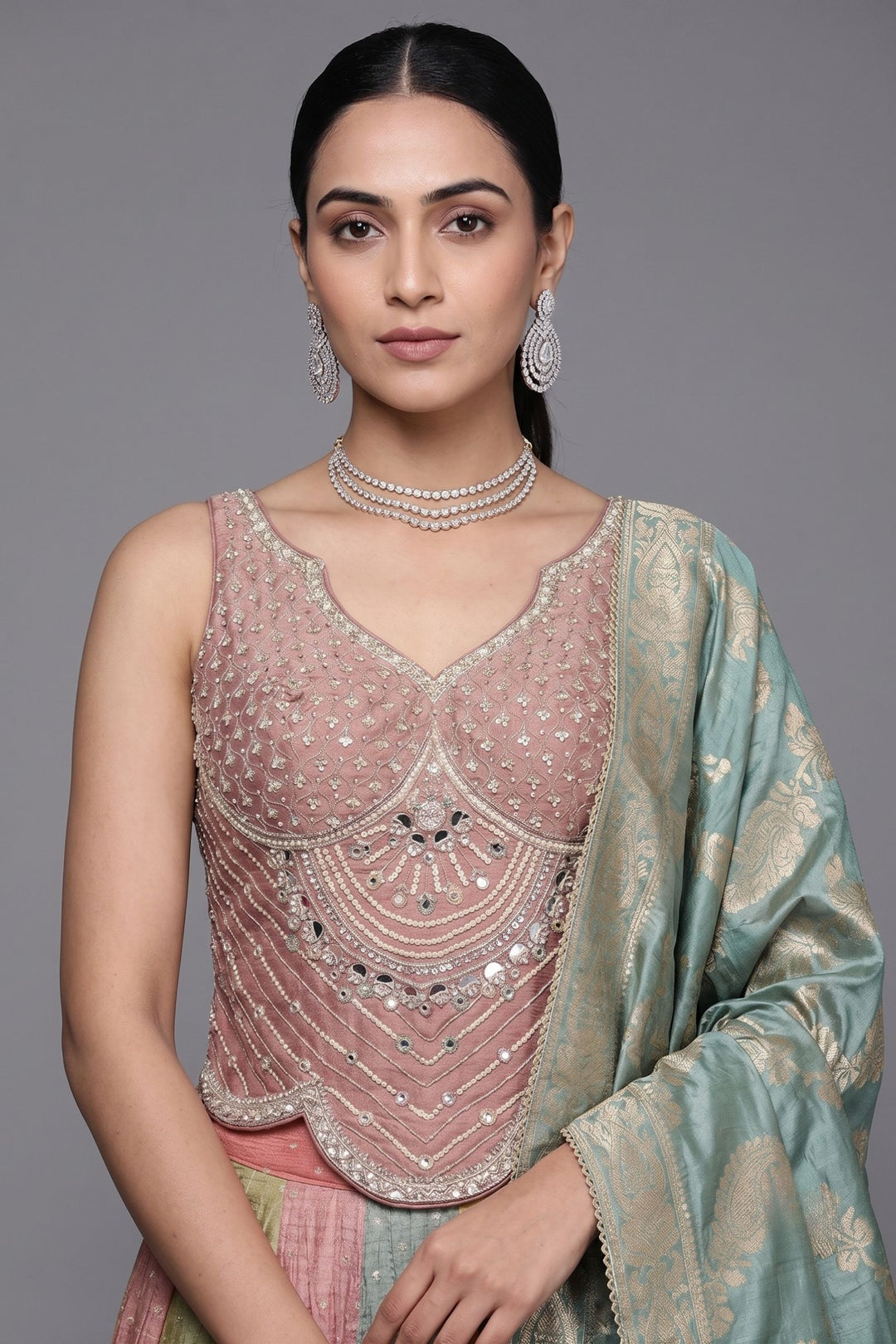 Onion Pink Beads, Stone, Sequins, Mirror and Zari work with Multicolor Lehenga Set