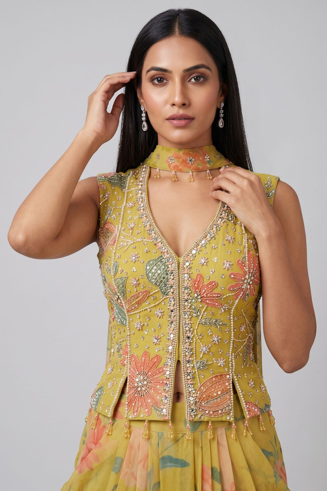 Lemon Green Indo-Western Styled Halter Neck Top and Cowl Skirt