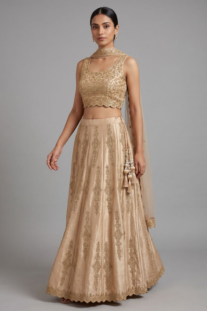 Gold Stone, Beads and Zari work Lehenga Set