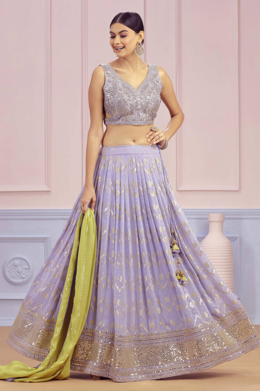 Lilac Mirror, Thread, Banaras and Stone work Crop Top Lehenga - Seasons Chennai