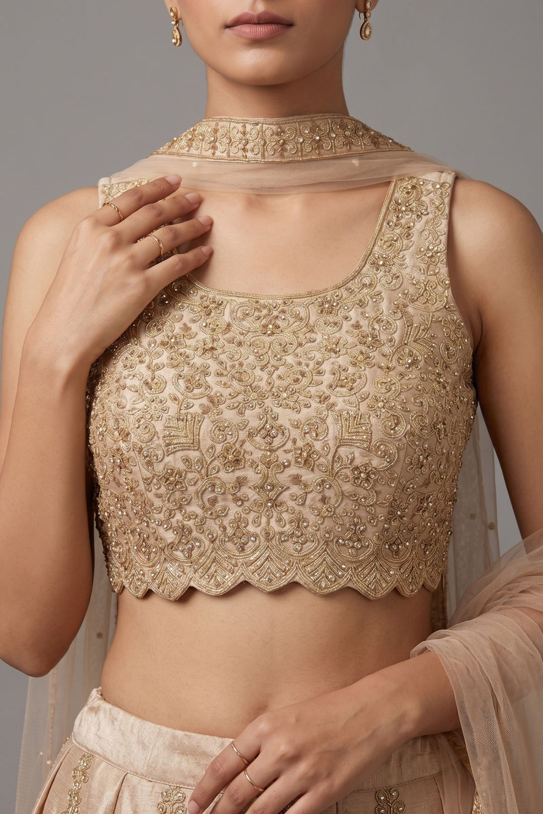 Gold Stone, Beads and Zari work Lehenga Set