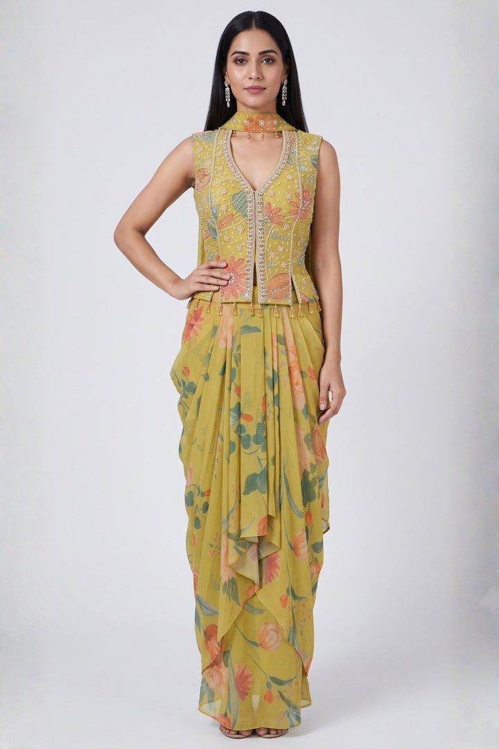 Lemon Green Indo-Western Styled Halter Neck Top and Cowl Skirt