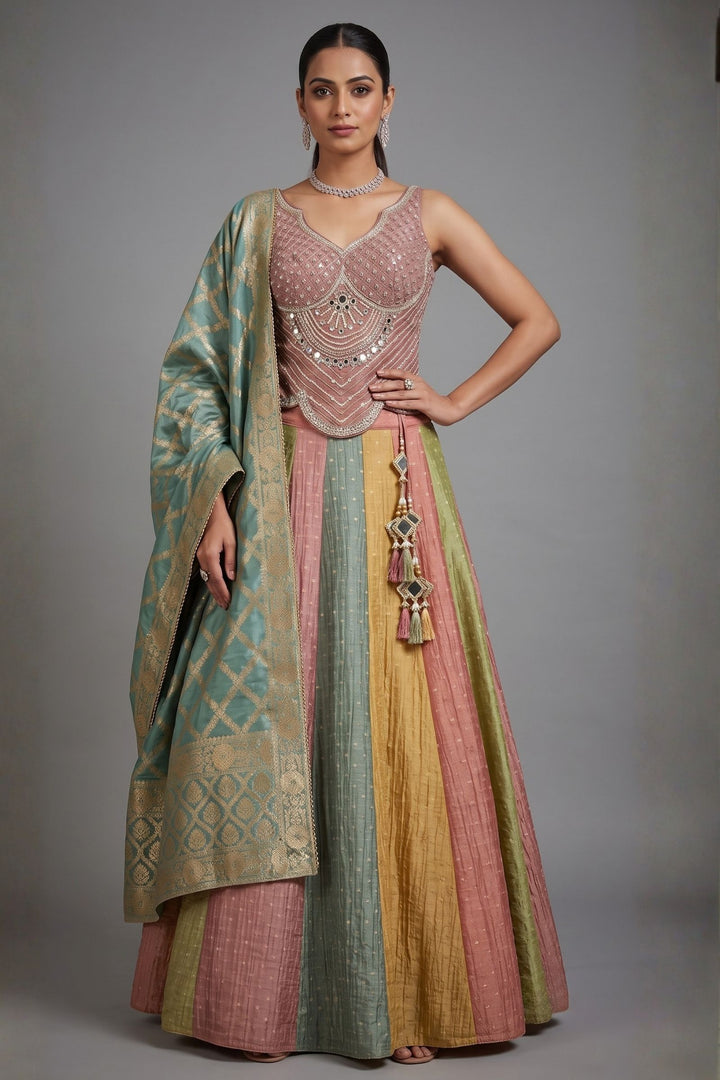 Onion Pink Beads, Stone, Sequins, Mirror and Zari work with Multicolor Lehenga Set