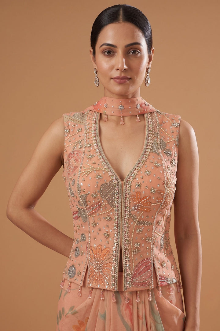 Peach Indo-Western Styled Halter Neck Top and Cowl Skirt