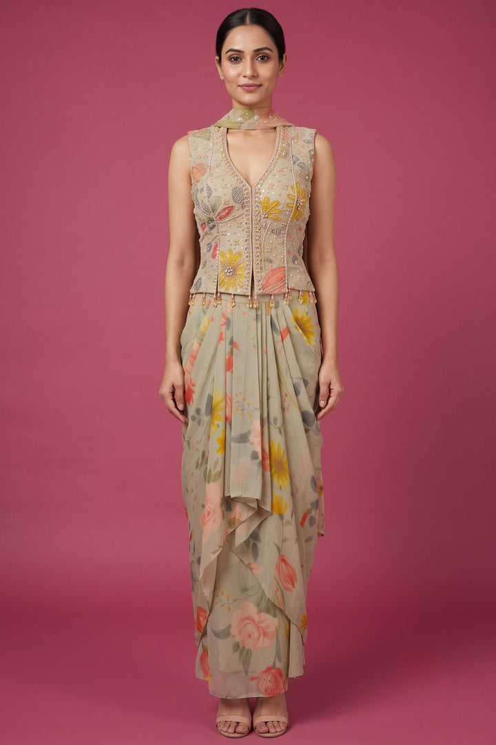 Grey Indo-Western Styled Halter Neck Top and Cowl Skirt