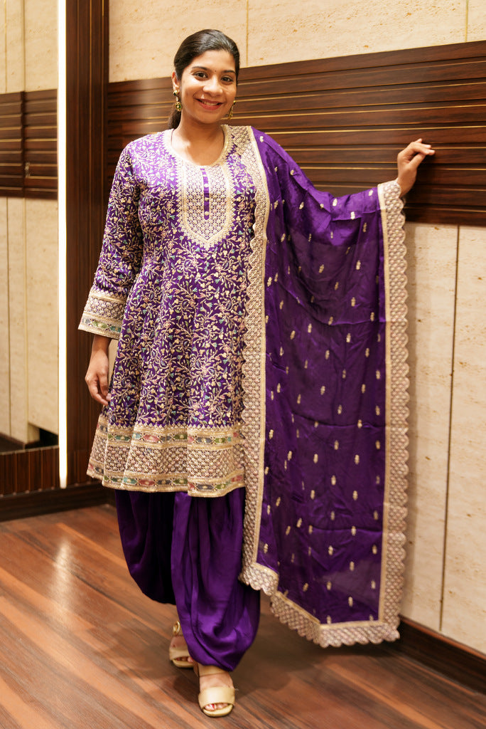 Purple Multicolor Embroidery, Sequins and Zari work Dhoti Styled Salwar Suit