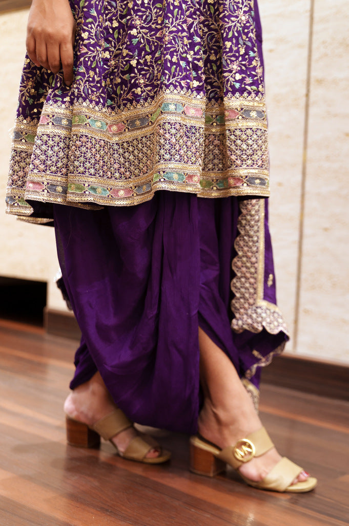 Purple Multicolor Embroidery, Sequins and Zari work Dhoti Styled Salwar Suit