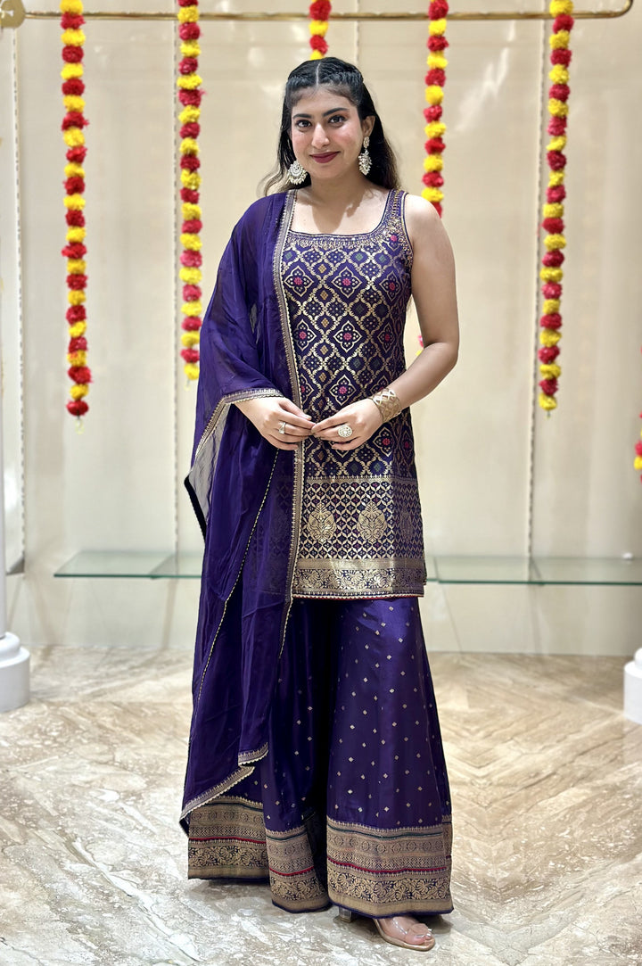 Purple Banaras, Mirror and Thread work Palazzo Salwar Suit