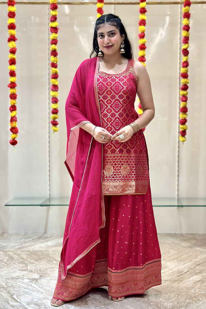 Rani Pink Banaras, Mirror and Thread work Palazzo Salwar Suit