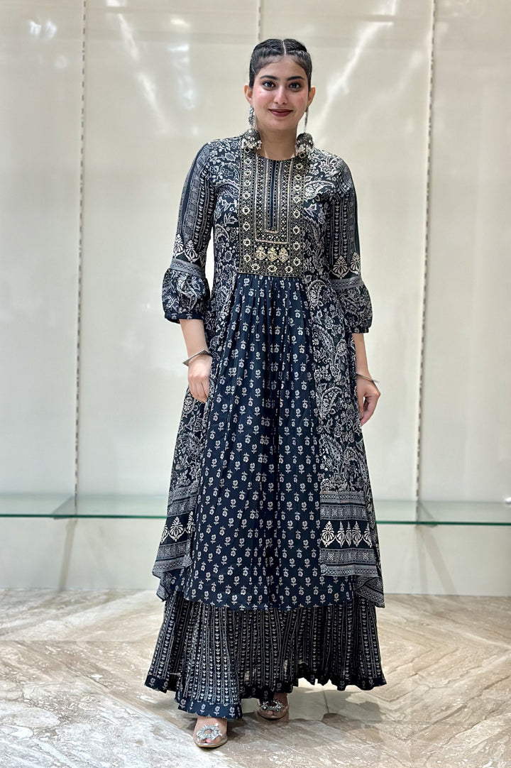 Black Beads, Sequins and Thread work with Digital Print Anarkali Styled Long Kurti