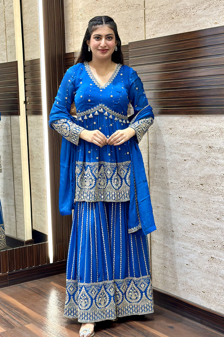 Royal Blue Mirror, Zari, Stone and Pearl work Peplum Top with Sharara Suit Set