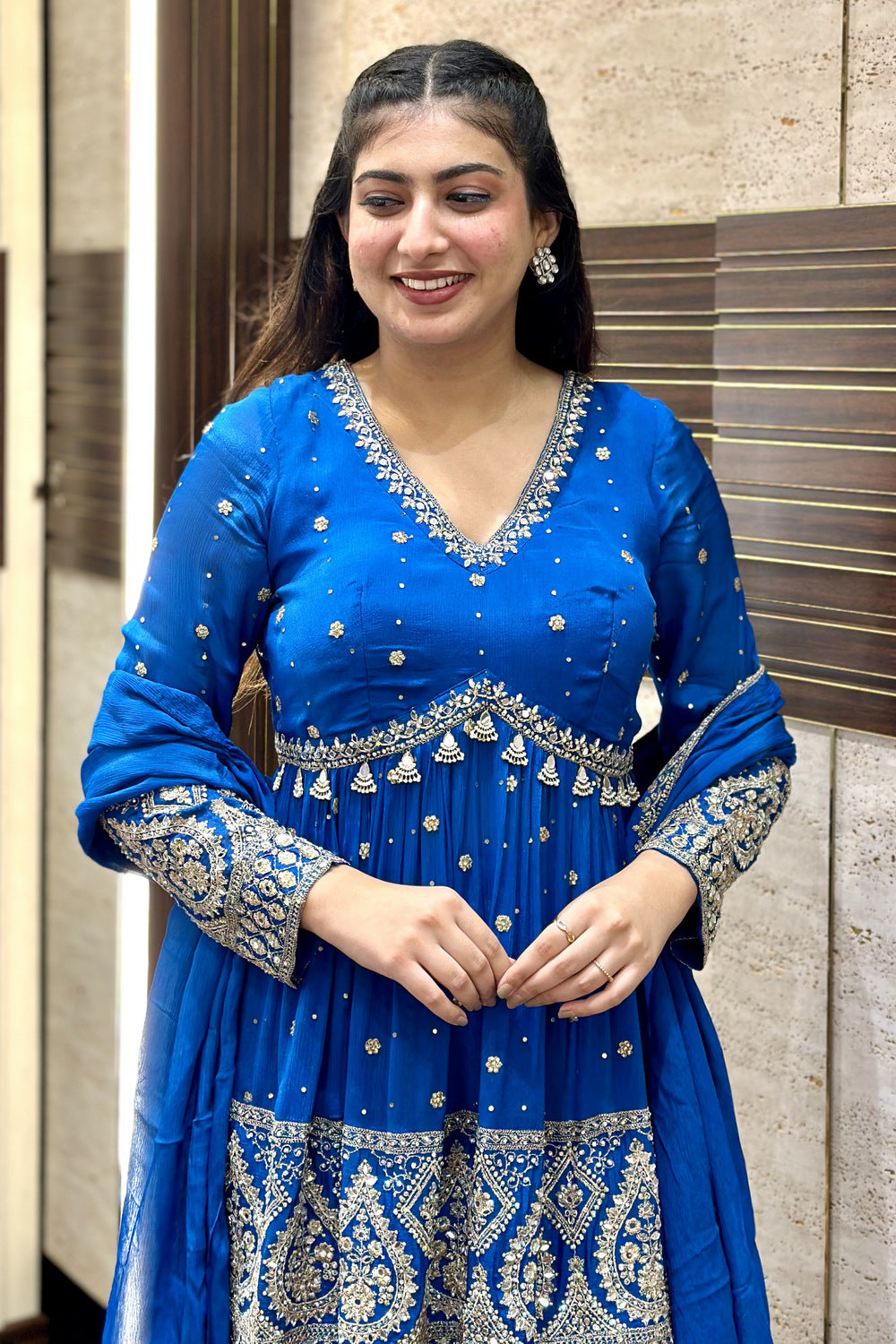 Royal Blue Mirror, Zari, Stone and Pearl work Peplum Top with Sharara Suit Set