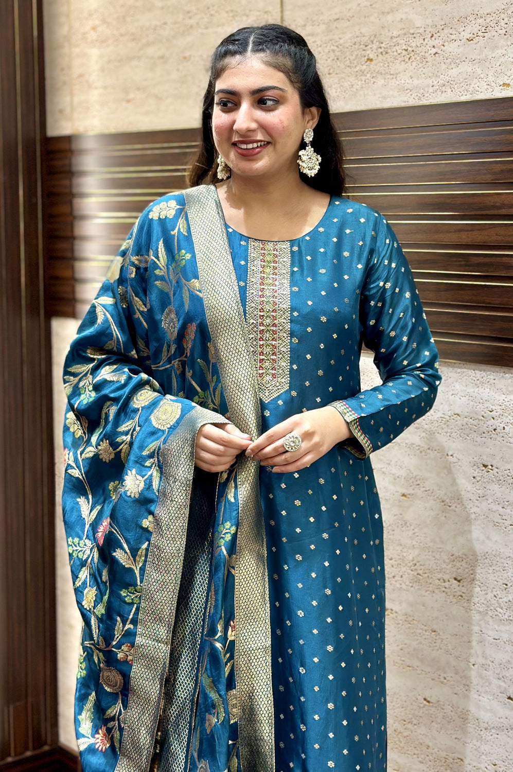 Peacock Blue Banaras, Beads, Zardozi and Sequins work Straight Cut Salwar Suit