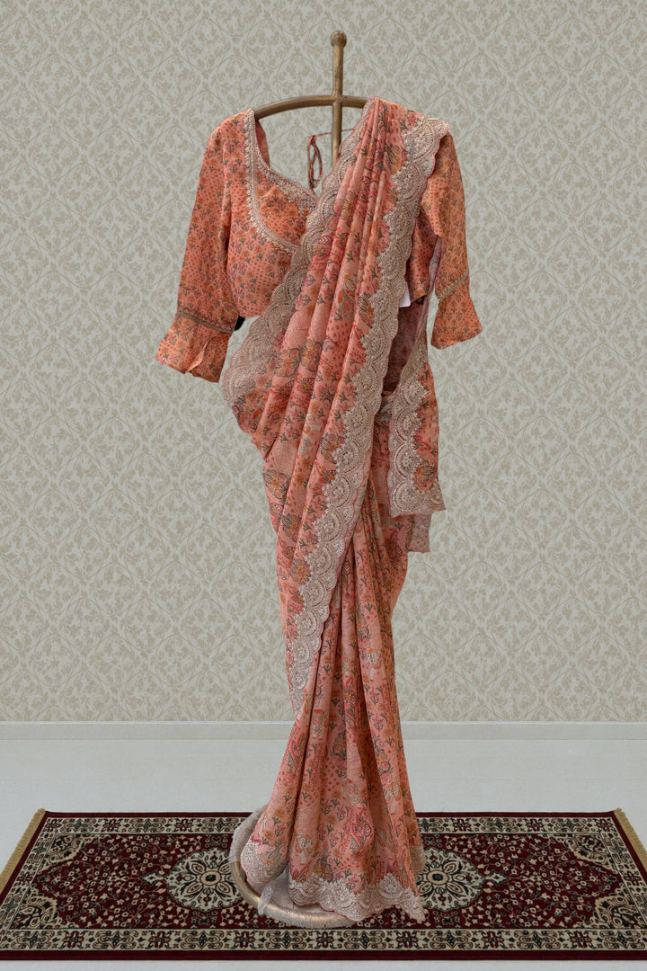 Peach Sequins and Zari work with Digital Print Saree