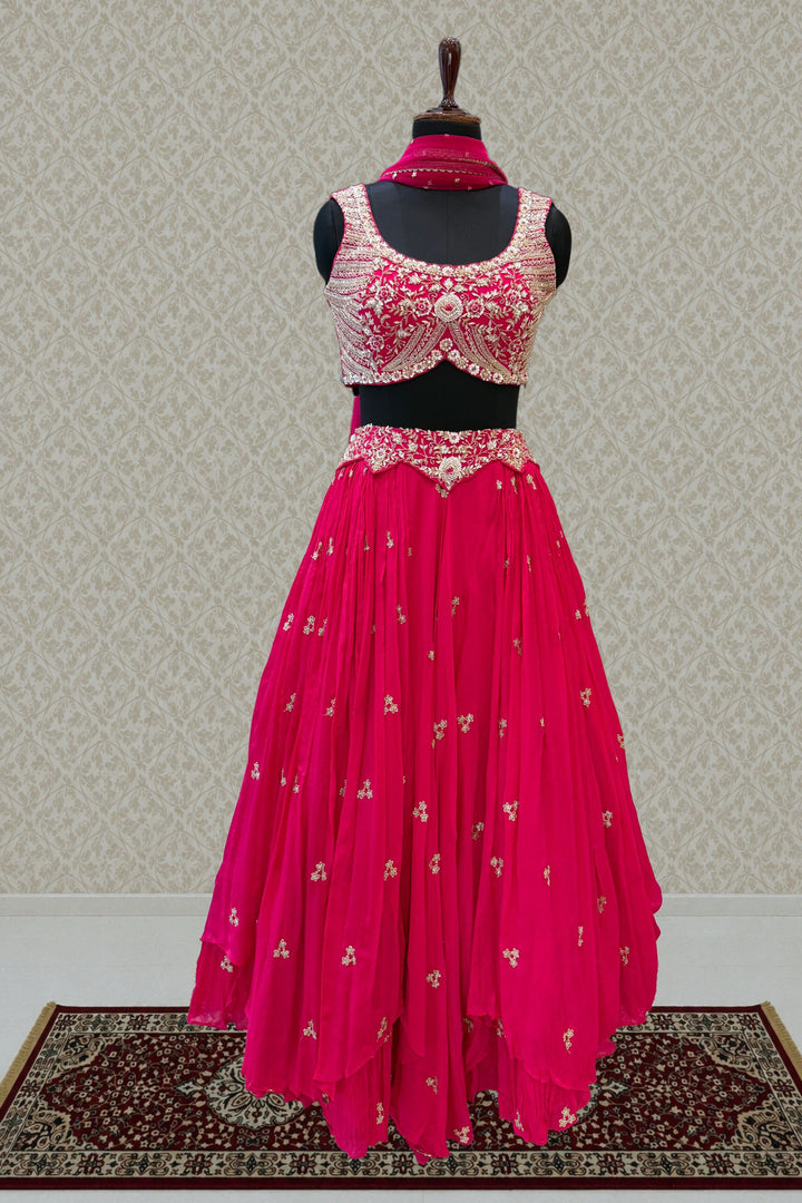 Rani Pink Sequins, Beads, Mirror, Zardozi and Zari work Crop Top Lehenga