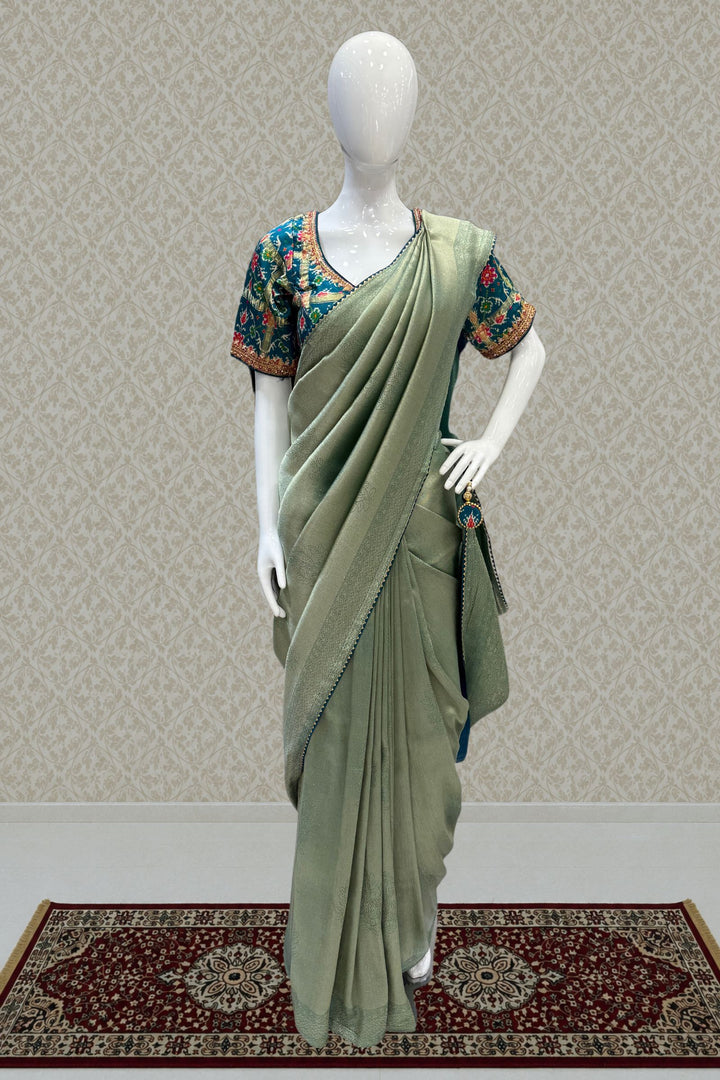 Sea Green Saree with Peacock Blue Beads, Zari and Sequins work with Pochampally Print Blouse